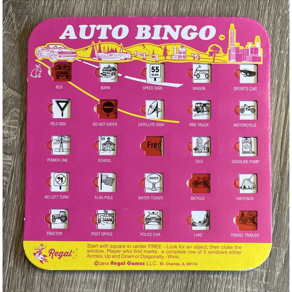 Regal Games Travel Auto Bingo for Fun Road Trips Pink Card Reusable Cardboard